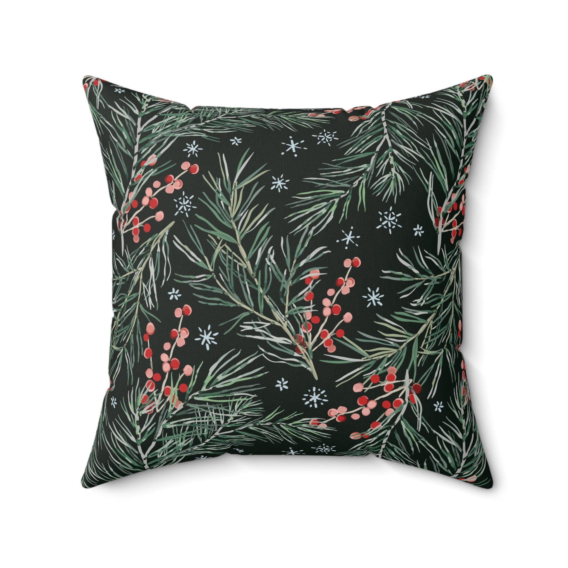 Dark green pillow with watercolor pine branches, red berries, and snowflakes holiday cushion