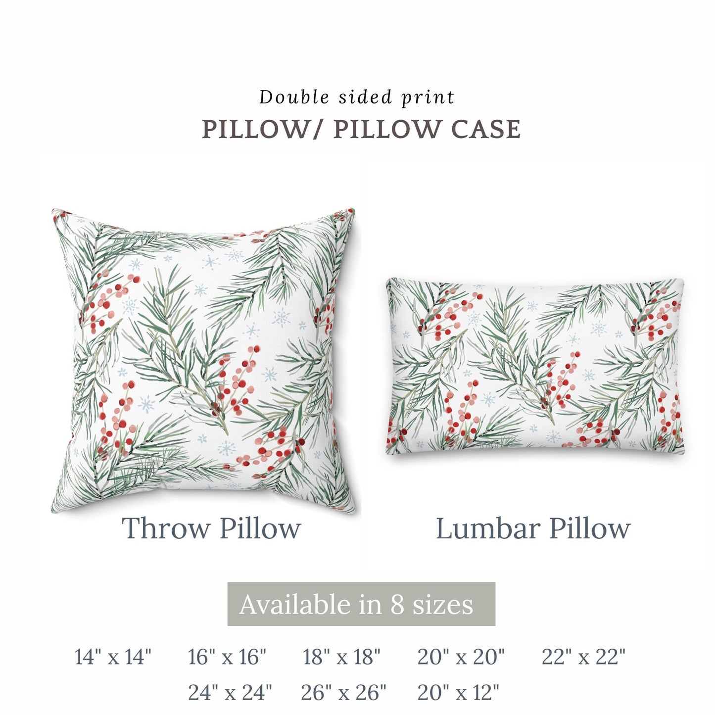 Watercolor pine and berry Christmas pillow and lumbar cushion, double-sided print, available in 8 sizes