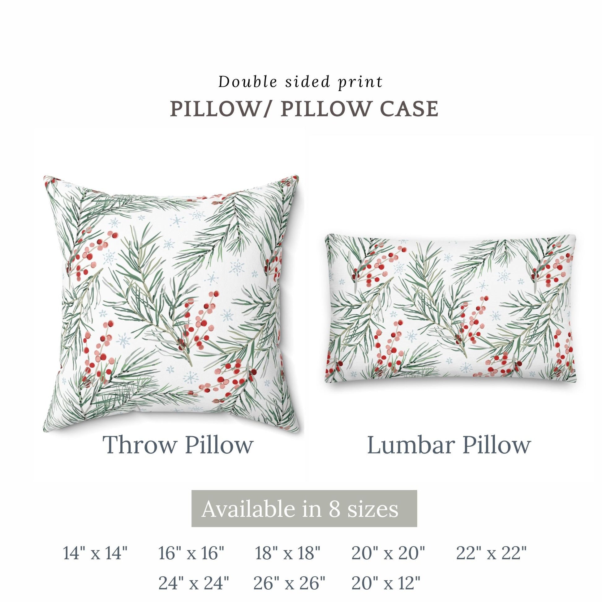 Watercolor pine and berry Christmas pillow and lumbar cushion, double-sided print, available in 8 sizes