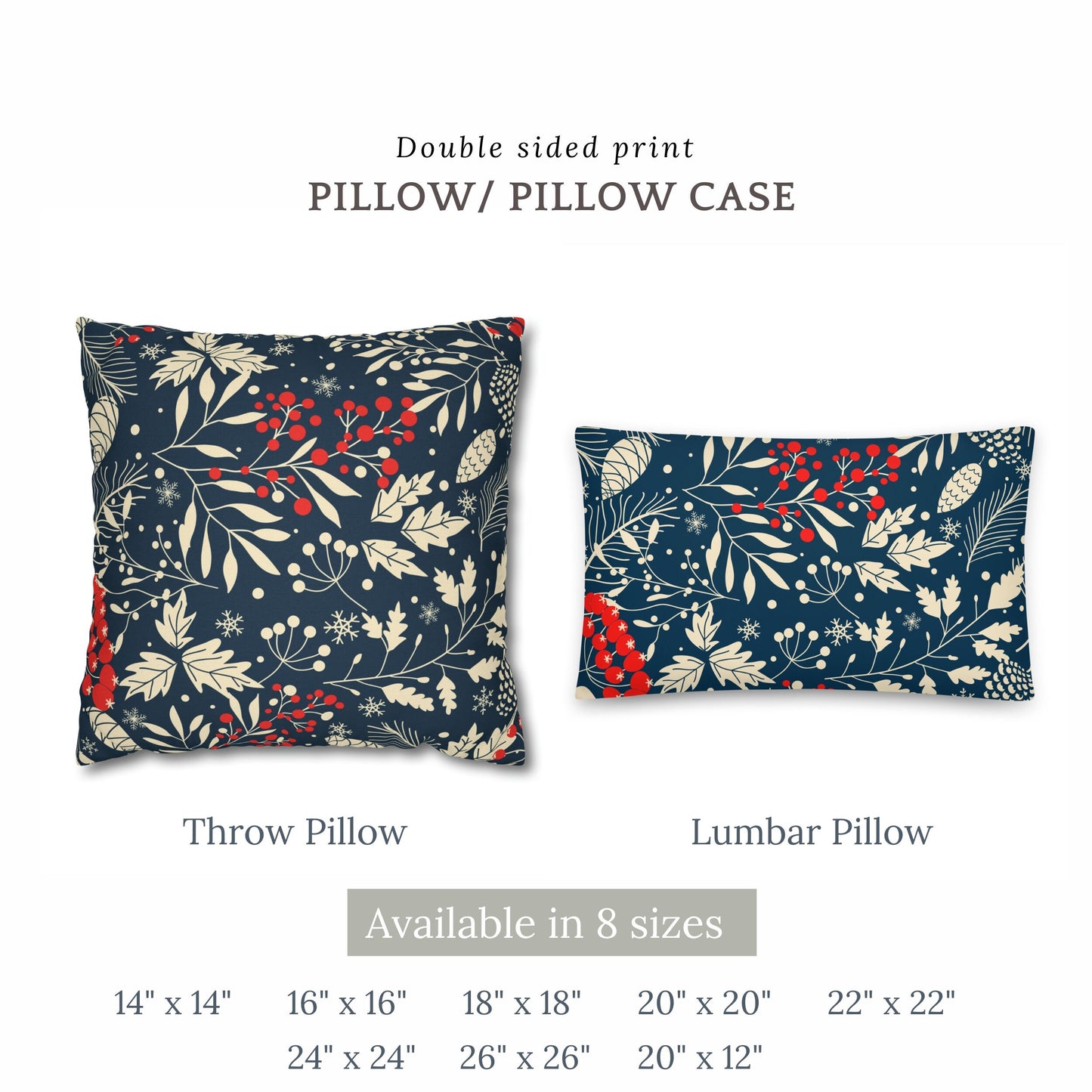 Winter berry botanical pillow and lumbar cushion in navy with cream leaves and red berries, available in 8 sizes