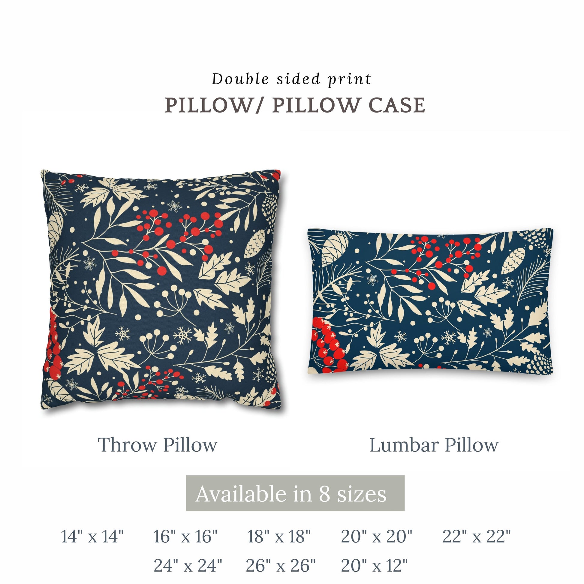 Winter berry botanical pillow and lumbar cushion in navy with cream leaves and red berries, available in 8 sizes